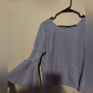 Blue White Gingham Peasant Boho Top Size Large Festival Cottagecore Prairie